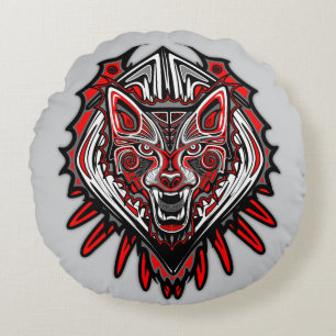 Cojín Redondo Diseño Totémico Tribal Haida de Lobo