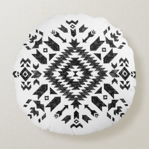 Cojín Redondo Diseño tribal: blanco negro dibujado a mano