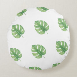 Cojín Redondo Diseño verde de hoja de Monstera. 