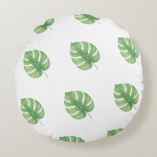 Cojín Redondo Diseño verde de hoja de Monstera.