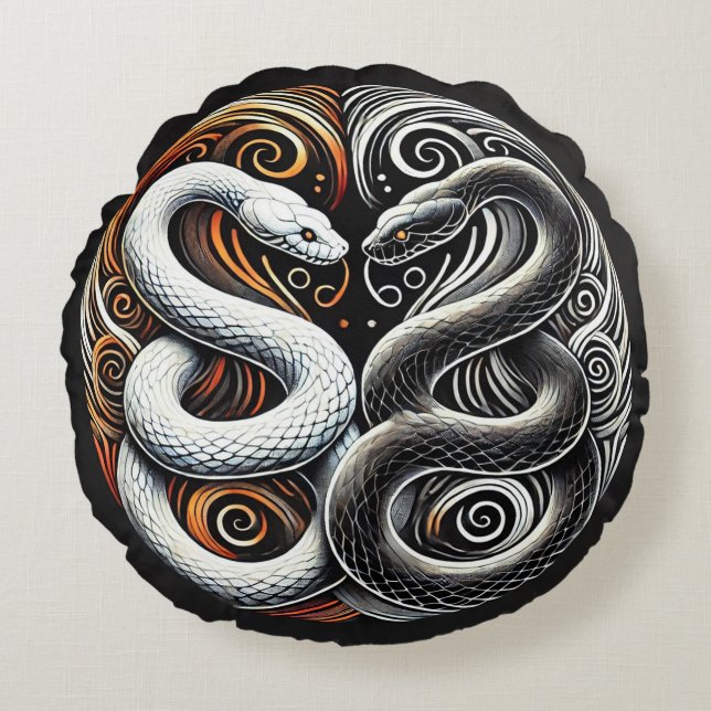 Cojín Redondo Diseño Yin Yang con Dos Serpientes (Anverso)