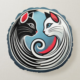 Cojín Redondo Diseño Yin Yang con gatos blancos y negros