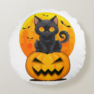 Cojín Redondo Disfraz de Halloween de calabaza gato negro