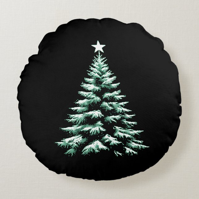 Cojín Redondo Distressed Christmas Tree Green Peppermint Stripes (Anverso)