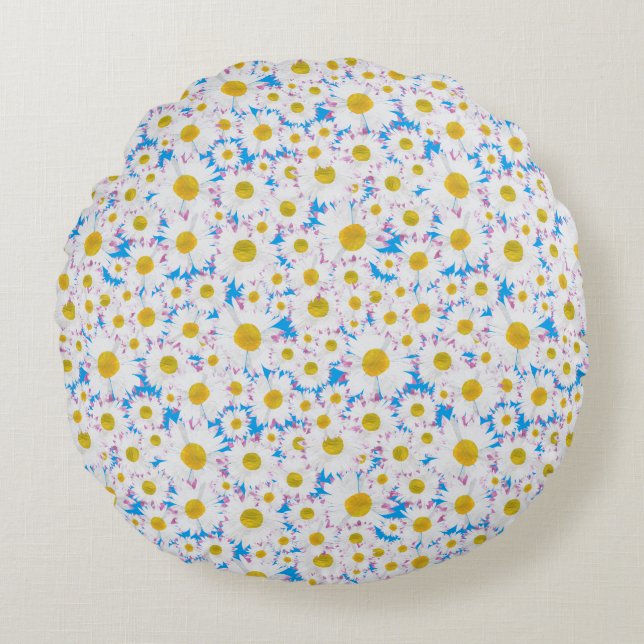 Cojín Redondo Ditzy blanco tosado en azul cielo (Anverso)