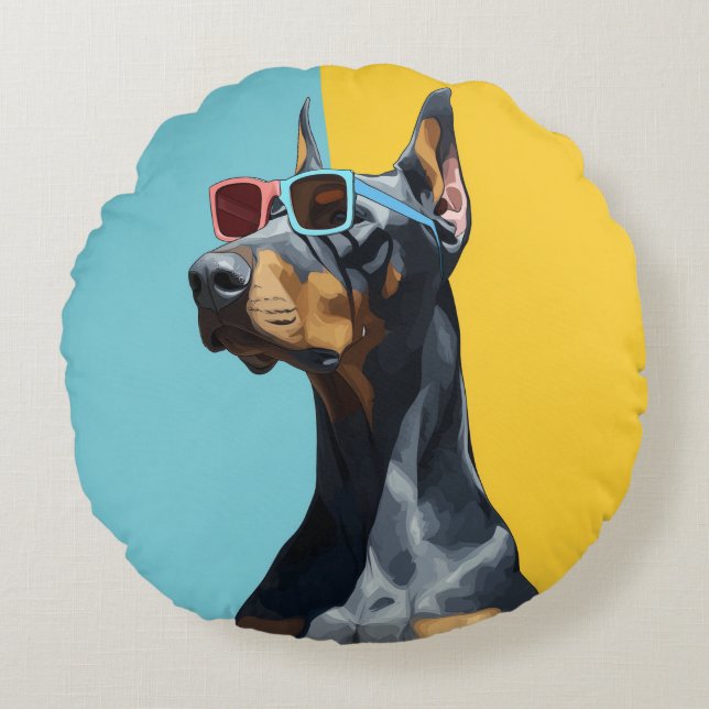 Cojín Redondo Doberman genial con gafas de sol (Anverso)