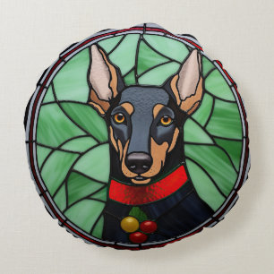 Cojín Redondo Dóberman Pinscher Vidrio Pintado Navidad