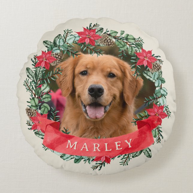 Cojín Redondo Dog Photo and Name Poinsettia Wreath Holiday Plaid (Anverso)
