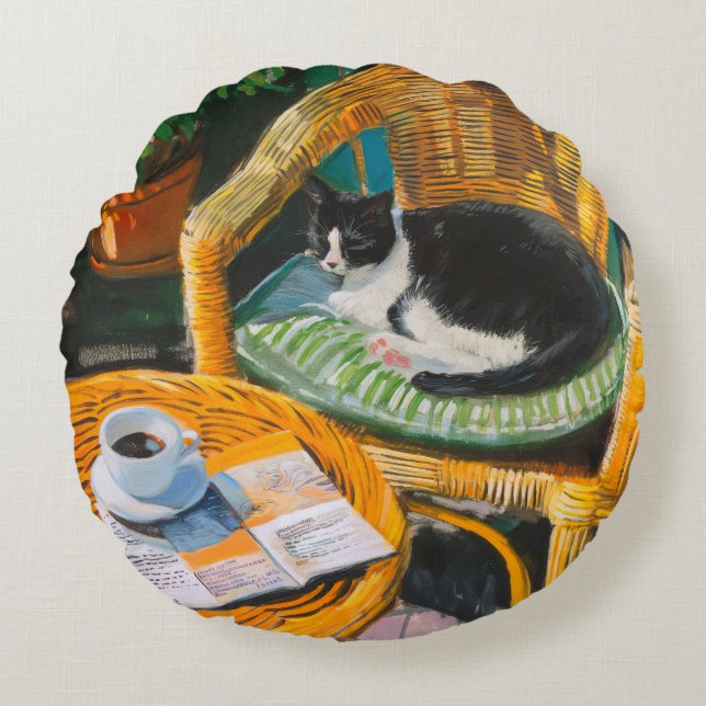 Cojín Redondo Domingo perezoso mañana | Acogedora pintura para g (Anverso)