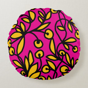 Cojín Redondo Doodle amarillo y rosa