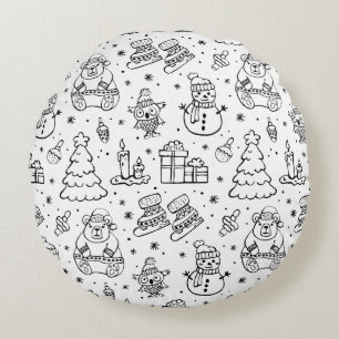 Cojín Redondo Doodle del patrón de navidades azul negro