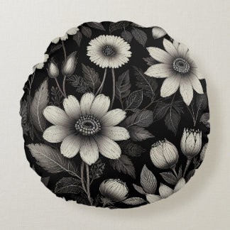 Cojín Redondo Doodle ilustracion gráfico de flores negras y blan