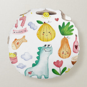 Cojín Redondo Doodles de acuarela de Kawaii, pegatina listo.