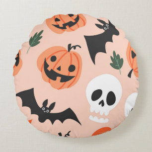 Cojín Redondo Doodles de Halloween, calabazas, patrón de murciél