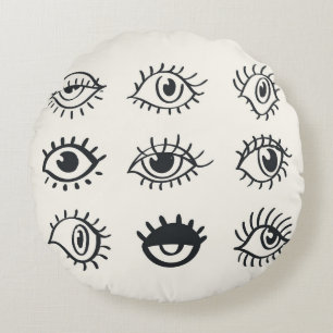 Cojín Redondo Doodles de ojos antiguos: bocetos de moda