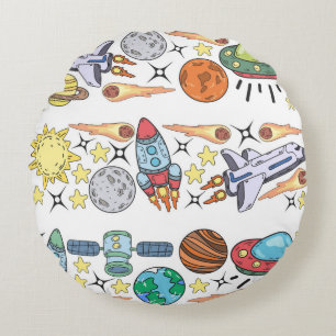 Cojín Redondo Doodles del espacio ultraterrestre dibujados a man