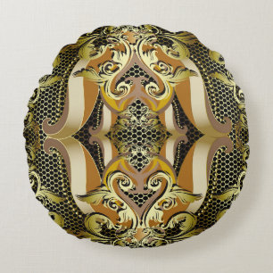 Cojín Redondo Dorado Barroco lujoso patrón inquebrantable en 3d.