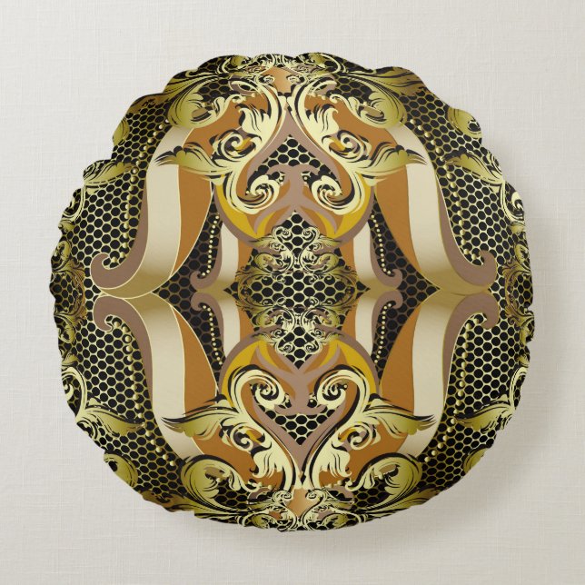 Cojín Redondo Dorado Barroco lujoso patrón inquebrantable en 3d. (Anverso)