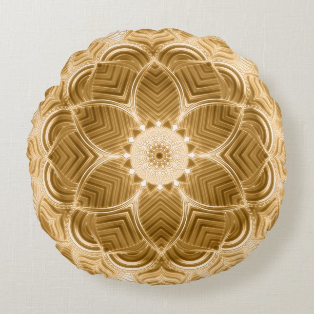 Cojín Redondo Dorado Floral Mandala Pillow (Anverso)