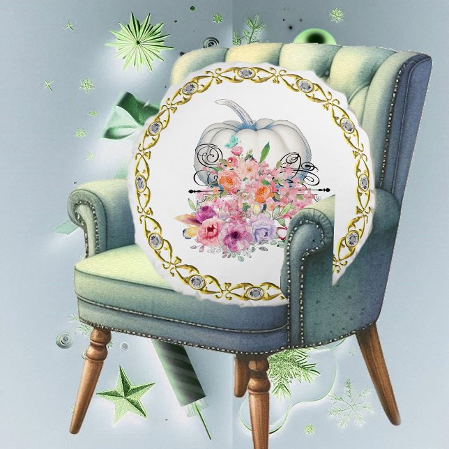Cojín Redondo Dorado Rim Blanco Calabaza Caída Flor Acuarela (Gold Rim White Pumpkin Fall Floral Watercolor Round Pillow)