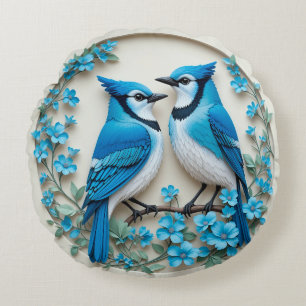 Cojín Redondo Dos arrendajos azules descansando en una rama