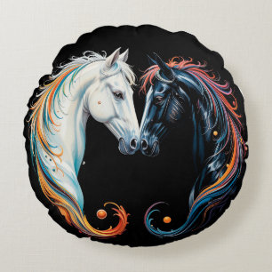 Cojín Redondo Dos caballos con crines multicolores fluidas