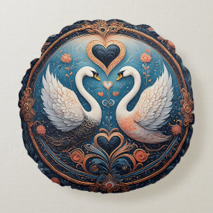 Cojín Redondo Dos cisnes con diseño floral y ornamental