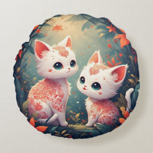 Cojín Redondo Dos gatitos blancos en un bosque mágico