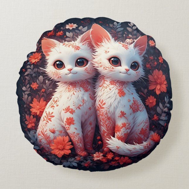 Cojín Redondo Dos gatitos blancos y flores (Anverso)