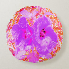 Cojín Redondo Dos hibiscus loco de ciruela morada y caliente en 