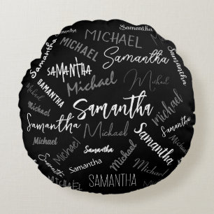 Cojín Redondo Dos nombres pareja patrón monograma blanco negro