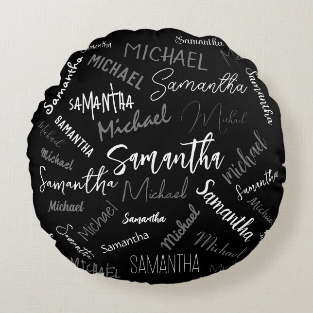Cojín Redondo Dos nombres pareja patrón monograma blanco negro (Anverso)