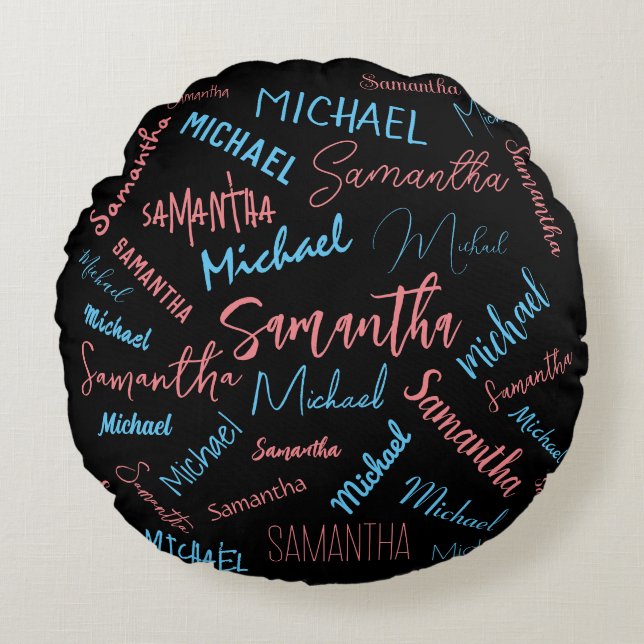 Cojín Redondo Dos nombres parejas patrón monograma azul claro ro (Anverso)