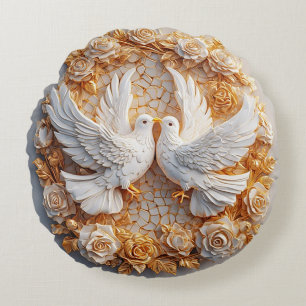 Cojín Redondo Dos palomas blancas en medio de un patrón floral