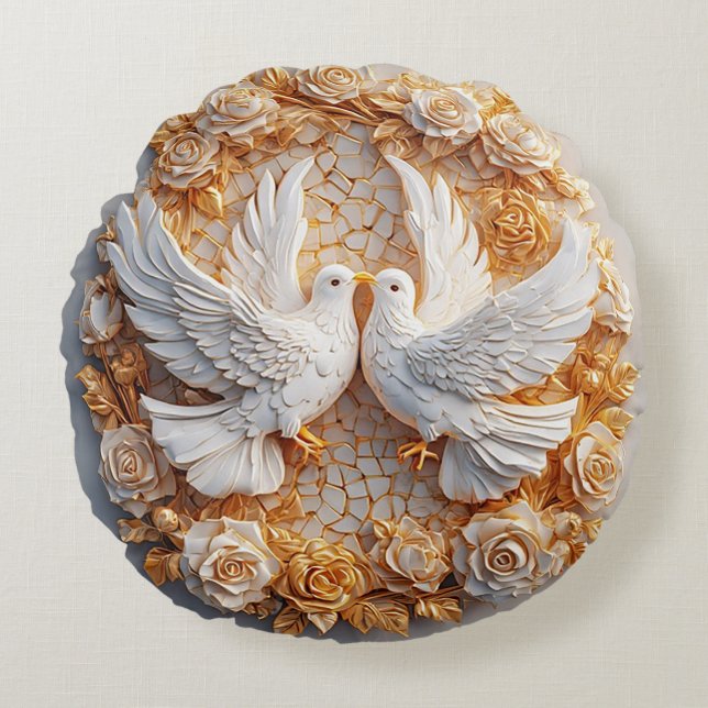 Cojín Redondo Dos palomas blancas en medio de un patrón floral (Anverso)