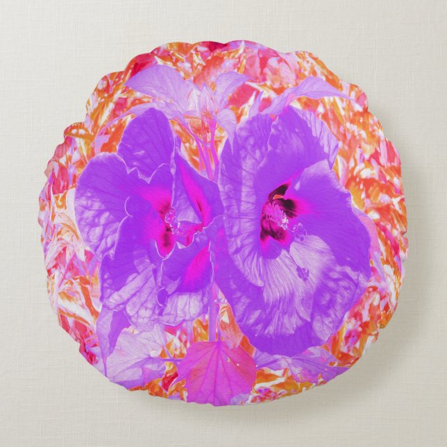 Cojín Redondo Dos púrpura y picante ciruela loca Hibiscus (Anverso)