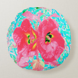 Cojín Redondo Dos rosados ciruelas de coral rojo loco hibiscus e