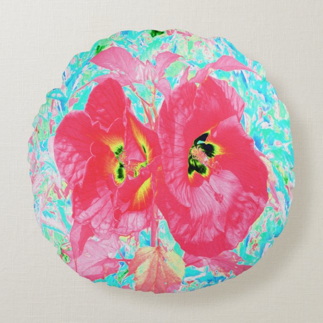 Cojín Redondo Dos rosados ciruelas de coral rojo loco hibiscus e (Anverso)
