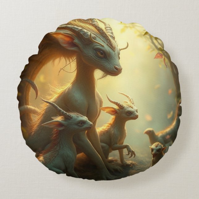 Cojín Redondo „Drachenmutter im goldenen Wald“ (Anverso)