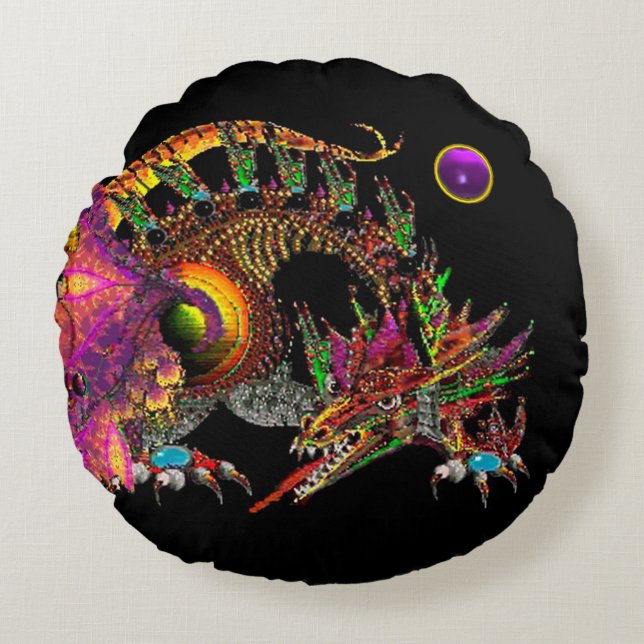 COJÍN REDONDO DRAGO/DRAGÓN DE ORO FANTASY, MONOGRAMA NEGRO PURPU (Anverso)