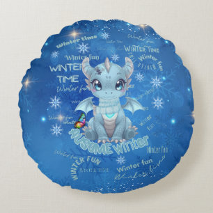 Cojín Redondo Dragón Azul de Invierno Adorable – Copo de Nieve M