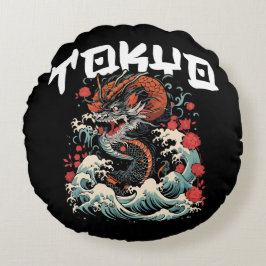 Cojín Redondo Dragón baila el paisaje retro japonés