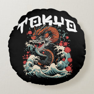 Cojín Redondo Dragón baila el paisaje retro japonés