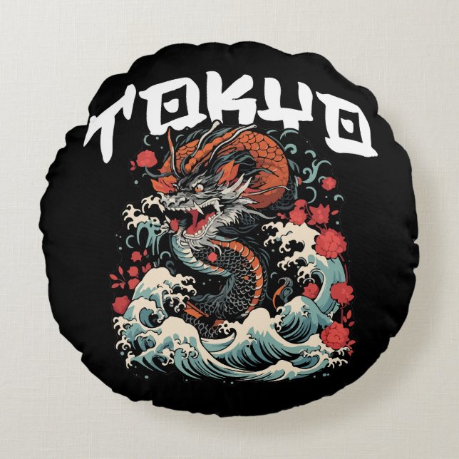 Cojín Redondo Dragón baila el paisaje retro japonés (Anverso)