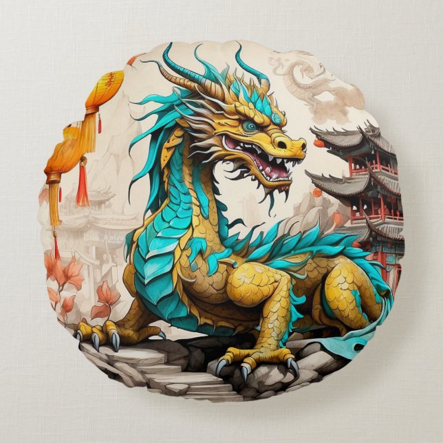 Cojín Redondo Dragón chino tradicional para el Año Nuevo chino (Anverso)