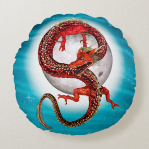 Cojín Redondo Dragón de Luna Roja Arte de Fantasía Celestial
