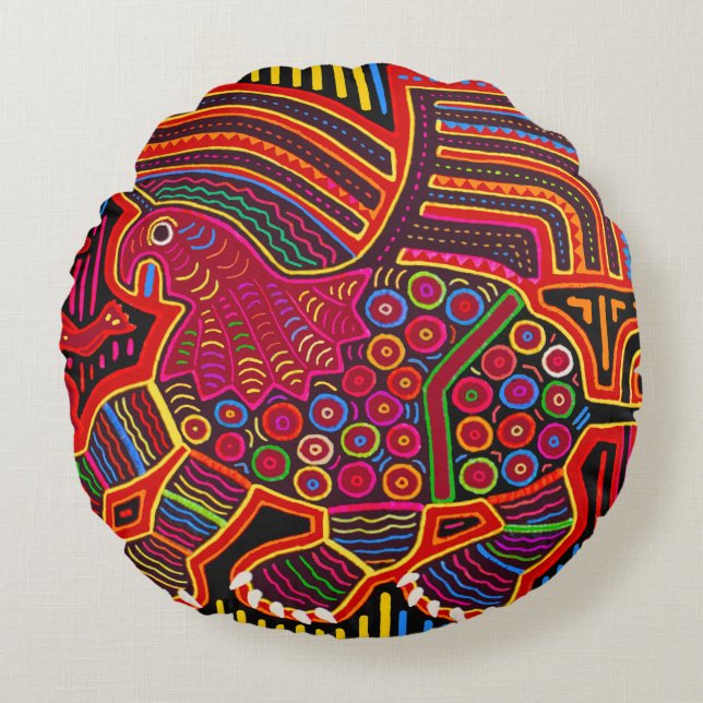 Cojín Redondo Dragón Kuna indio amigable Mola (Anverso)