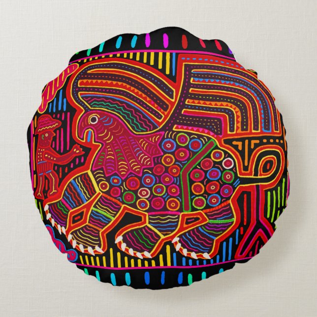 Cojín Redondo Dragón Kuna indio amigable Mola (Reverso)