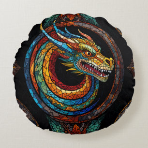 Cojín Redondo Dragon Swirl en diseño de mosaico multicolor