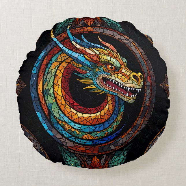 Cojín Redondo Dragon Swirl en diseño de mosaico multicolor (Anverso)